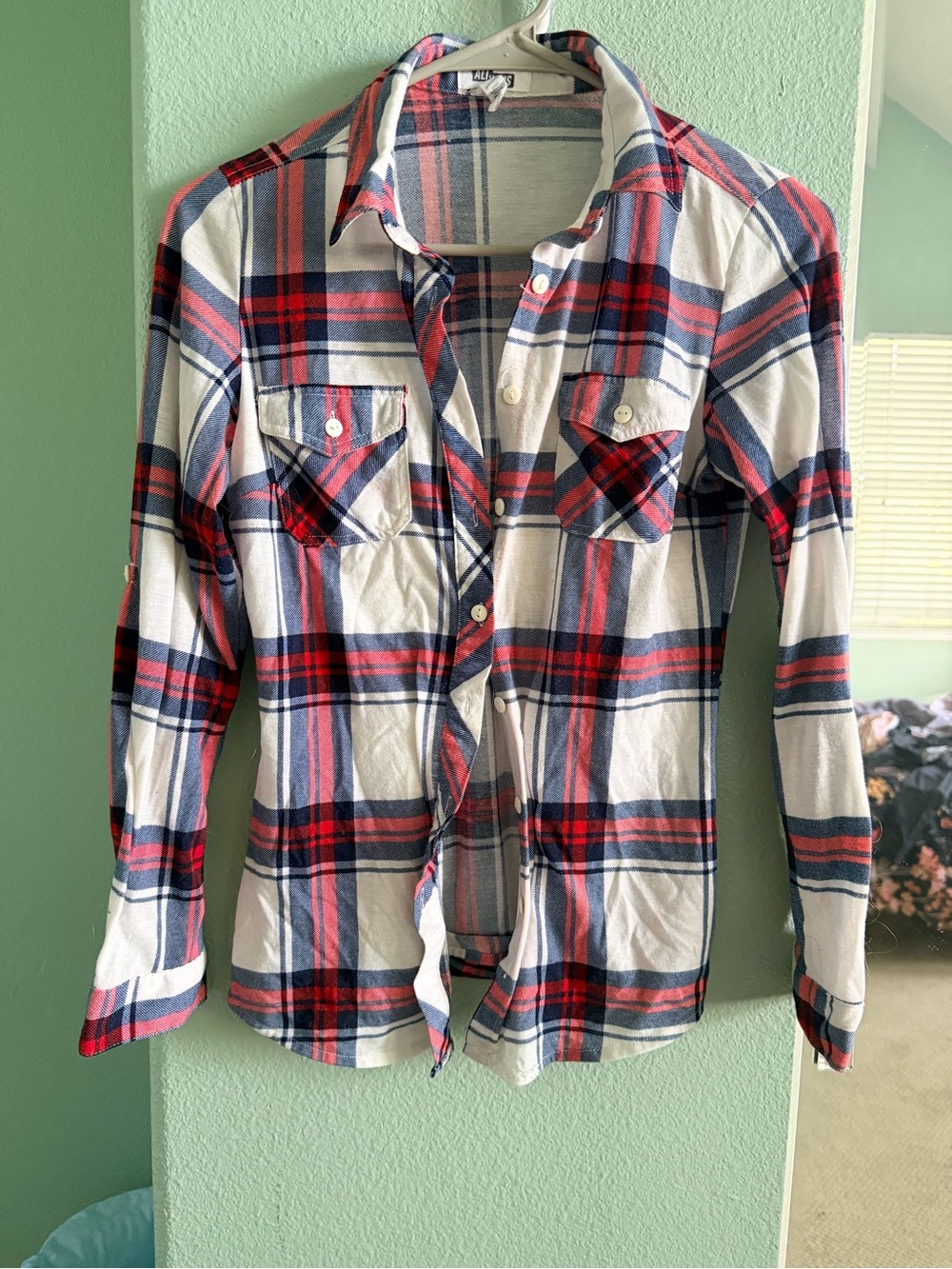 Plaid Button-Front Shirt in White, Red & Navy